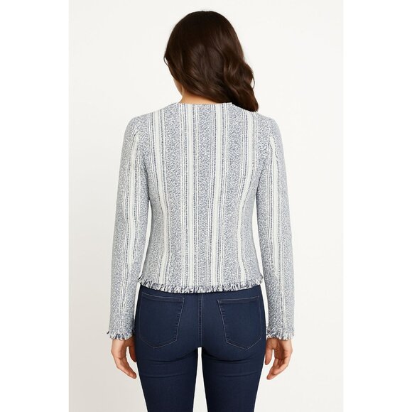 Adrienne Vittadini Small Woven Cotton Fringe Tweed Zip Jacket Blue White New Tag - Picture 5 of 16